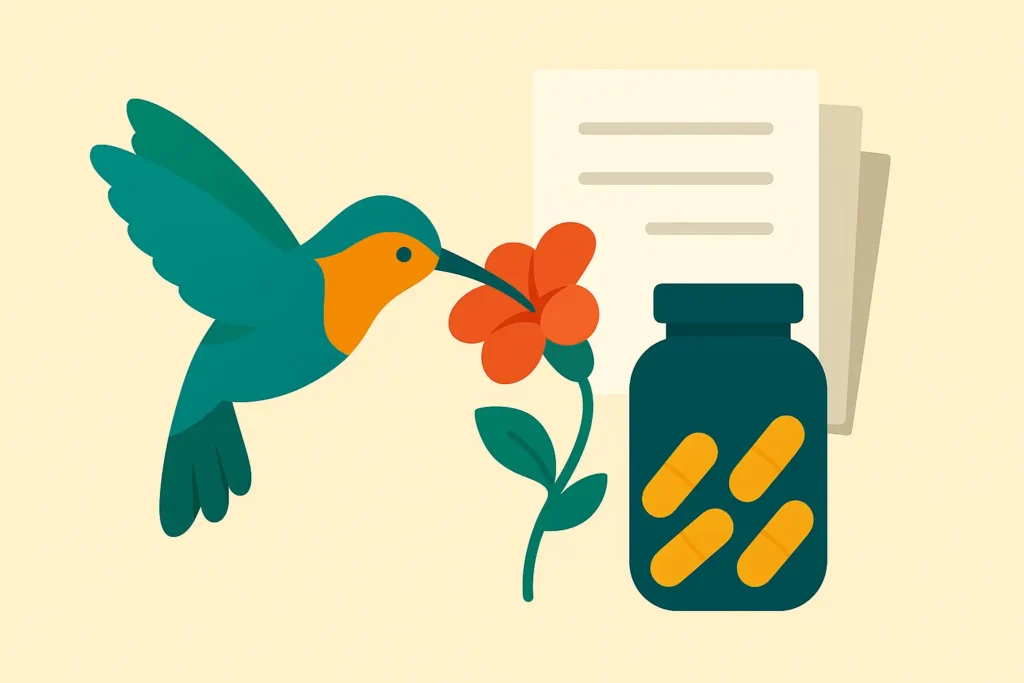 Flat design illustration of a hummingbird drinking nectar beside a supplement bottle and research papers – About Strong Hummingbird
