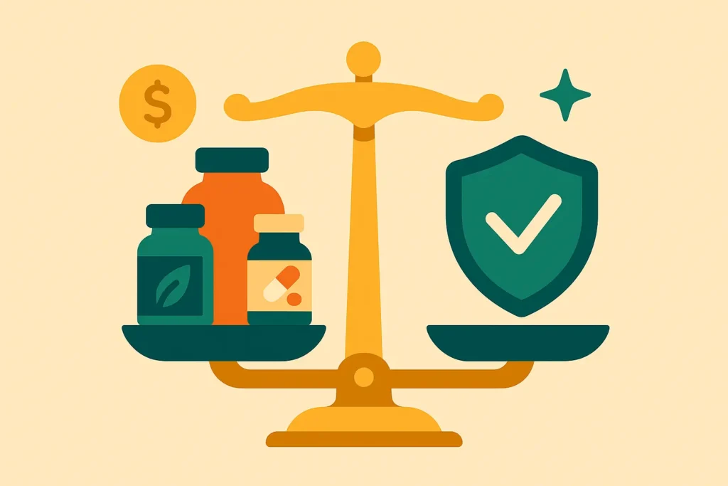 Flat design illustration of a balance scale with dietary supplements on one side and a trust shield on the other – Affiliate Disclosure, Strong Hummingbird