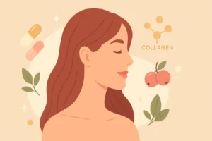 Illustration of a radiant woman with beauty supplements and collagen – Strong Hummingbird.
