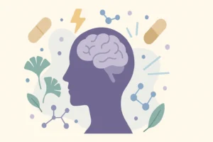 Flat illustration of brain, supplements, and ginkgo leaves – cognitive health by Strong Hummingbird.