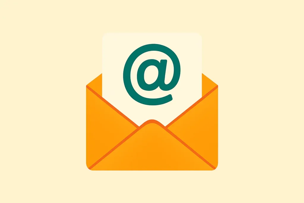 Flat design illustration of an orange envelope with '@' symbol – Contact Strong Hummingbird