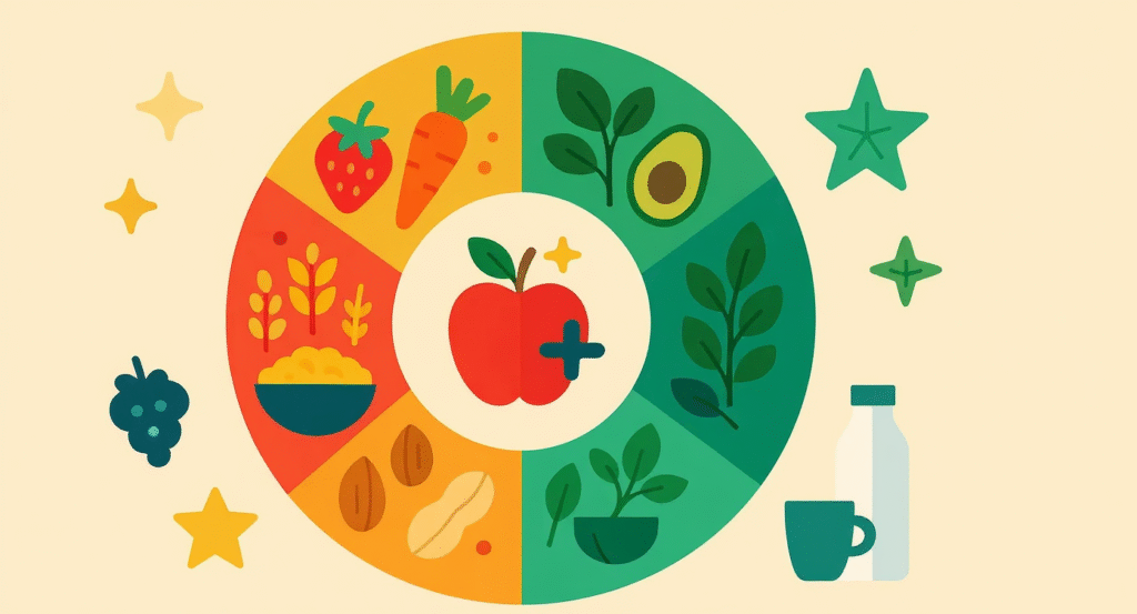 Functional foods wheel illustration showing fruits, vegetables, nuts, seeds, and probiotics – Strong Hummingbird