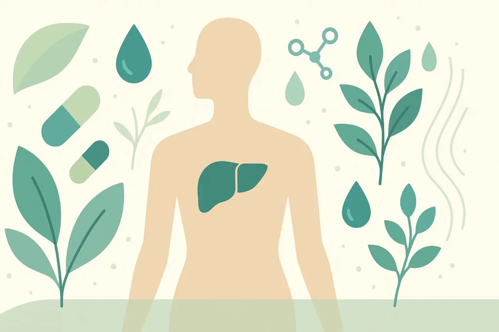 Flat illustration of human body with liver, leaves, and detox capsules – Strong Hummingbird.