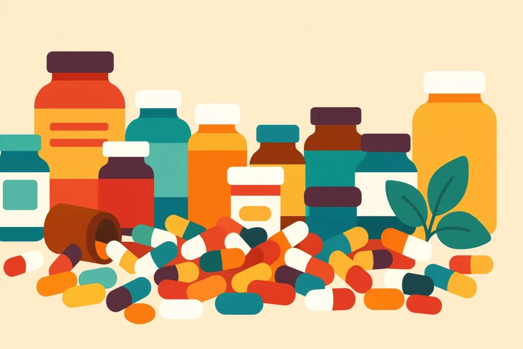 dietary-supplements-everything-you-need-to-know 2 Flat design illustration of dietary supplements with colorful pills and bottles – Strong Hummingbird