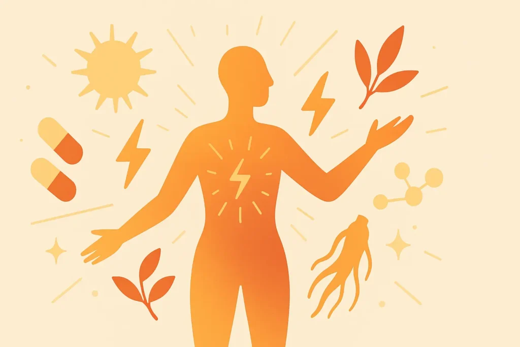 Energy Supplements & Vitality – Strong Hummingbird Flat illustration of energetic figure with capsules, sun, ginseng, and lightning – Strong Hummingbird.