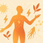 home 4 Flat illustration of energetic figure with capsules, sun, ginseng, and lightning – Strong Hummingbird.