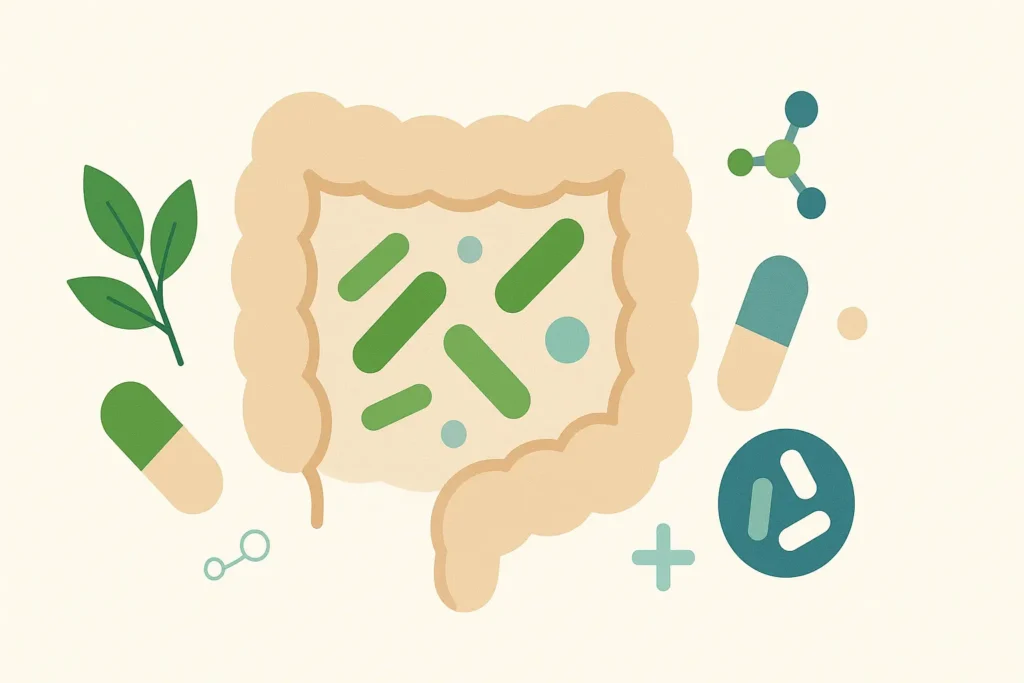 Healthy Gut & Nutraceuticals Illustration of gut health with supplements and probiotics