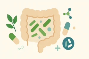 Illustration of gut health with supplements and probiotics