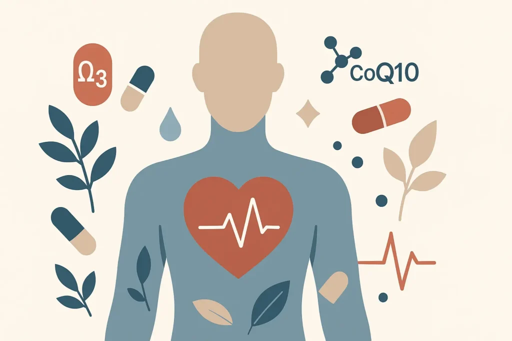 Heart Health & Nutraceuticals – Strong Hummingbird Flat illustration of heart health with supplements, Omega-3, CoQ10, and plants – Strong Hummingbird.