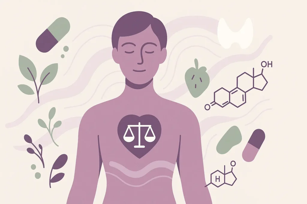 Hormone Balance & Supplements – Strong Hummingbird Flat illustration of human figure with hormone symbols, capsules, and plants – Strong Hummingbird.