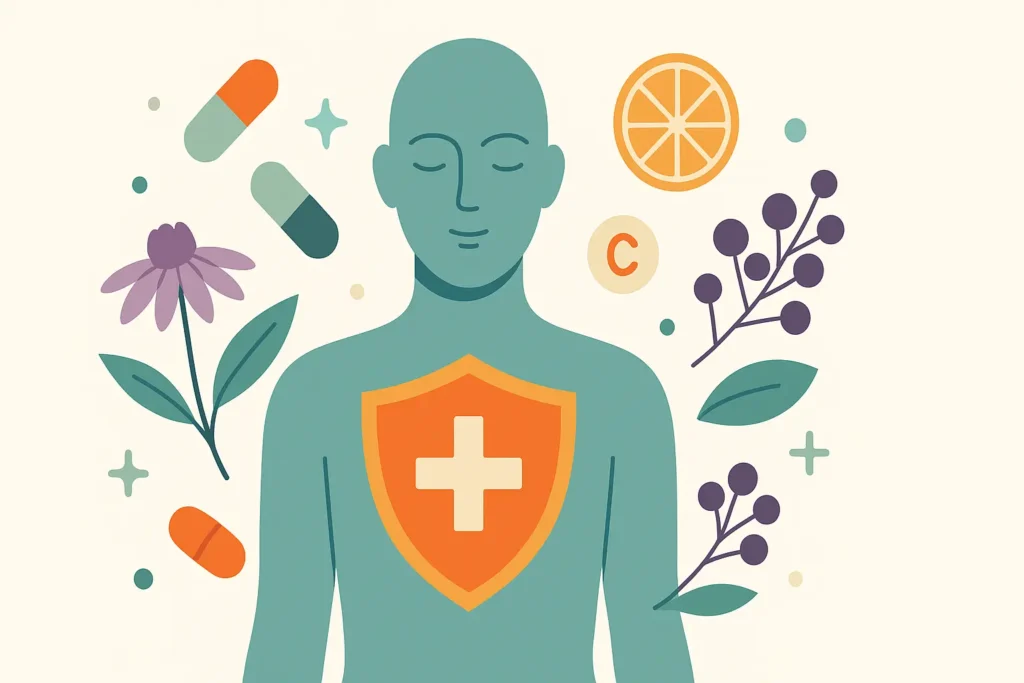 Immune Supplements & Defenses – Strong Hummingbird Flat illustration of immune support with shield, vitamin C, Echinacea, elderberries – Strong Hummingbird.