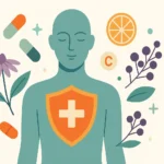 home 5 Flat illustration of immune support with shield, vitamin C, Echinacea, elderberries – Strong Hummingbird.