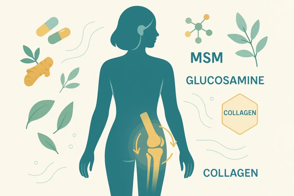 Joint Supplements for Knee Health – Strong Hummingbird Flat illustration of knee joint with joint supplements, collagen, MSM, and turmeric – Strong Hummingbird.