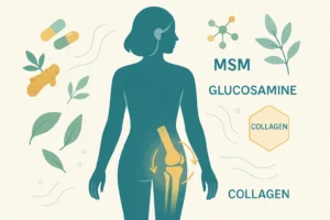 Flat illustration of knee joint with joint supplements, collagen, MSM, and turmeric – Strong Hummingbird.