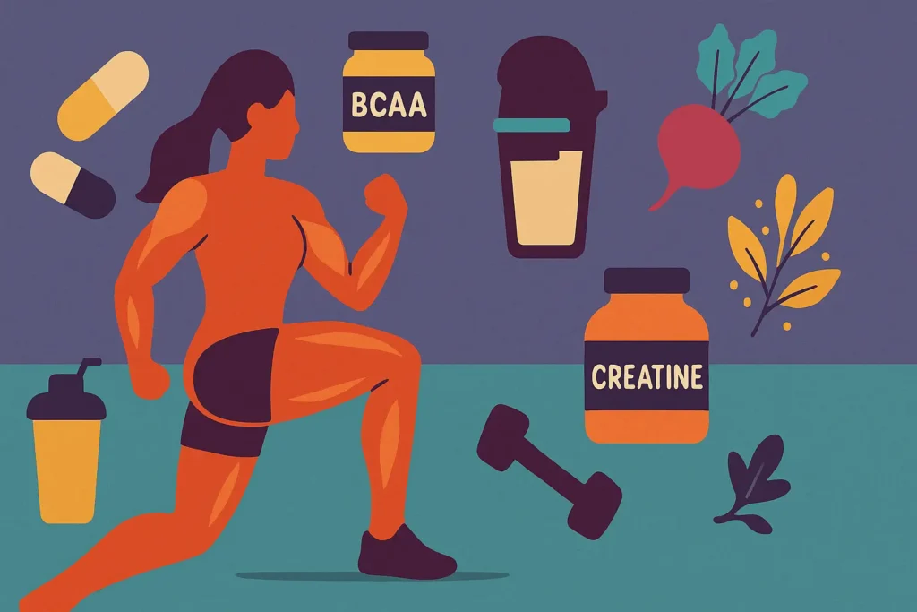 Muscle Supplements for Strength and Performance – Illustrated Guide Flat illustration of a strong female figure flexing muscles, surrounded by muscle supplements like protein, BCAA, and creatine.