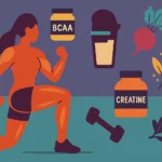 home 8 Flat illustration of a strong female figure flexing muscles, surrounded by muscle supplements like protein, BCAA, and creatine.