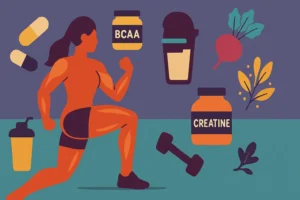 Flat illustration of a strong female figure flexing muscles, surrounded by muscle supplements like protein, BCAA, and creatine.
