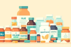 Flat design illustration of medical foods and dietary supplements
