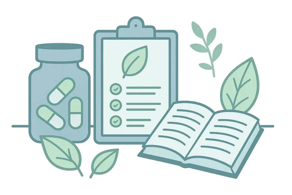 home 1 Nutraceutical supplements, checklist clipboard, and open book symbolizing scientific health research in soft blue and green tones.