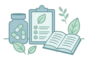 Nutraceutical supplements, checklist clipboard, and open book symbolizing scientific health research in soft blue and green tones.
